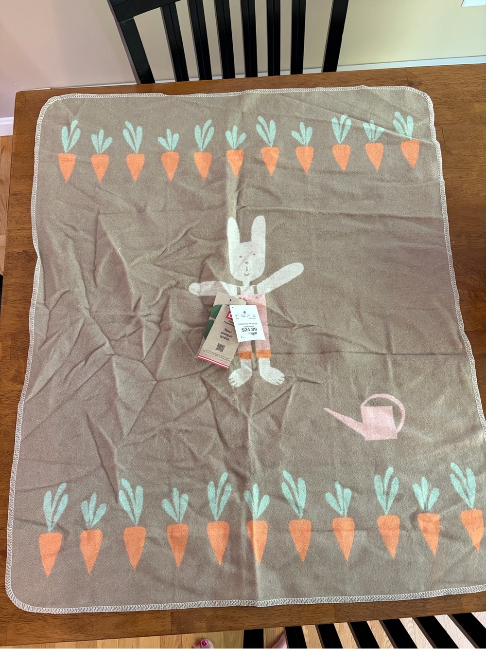 Bunny & Carrot Baby Throw Blanket - Taupe with Orange and Mint